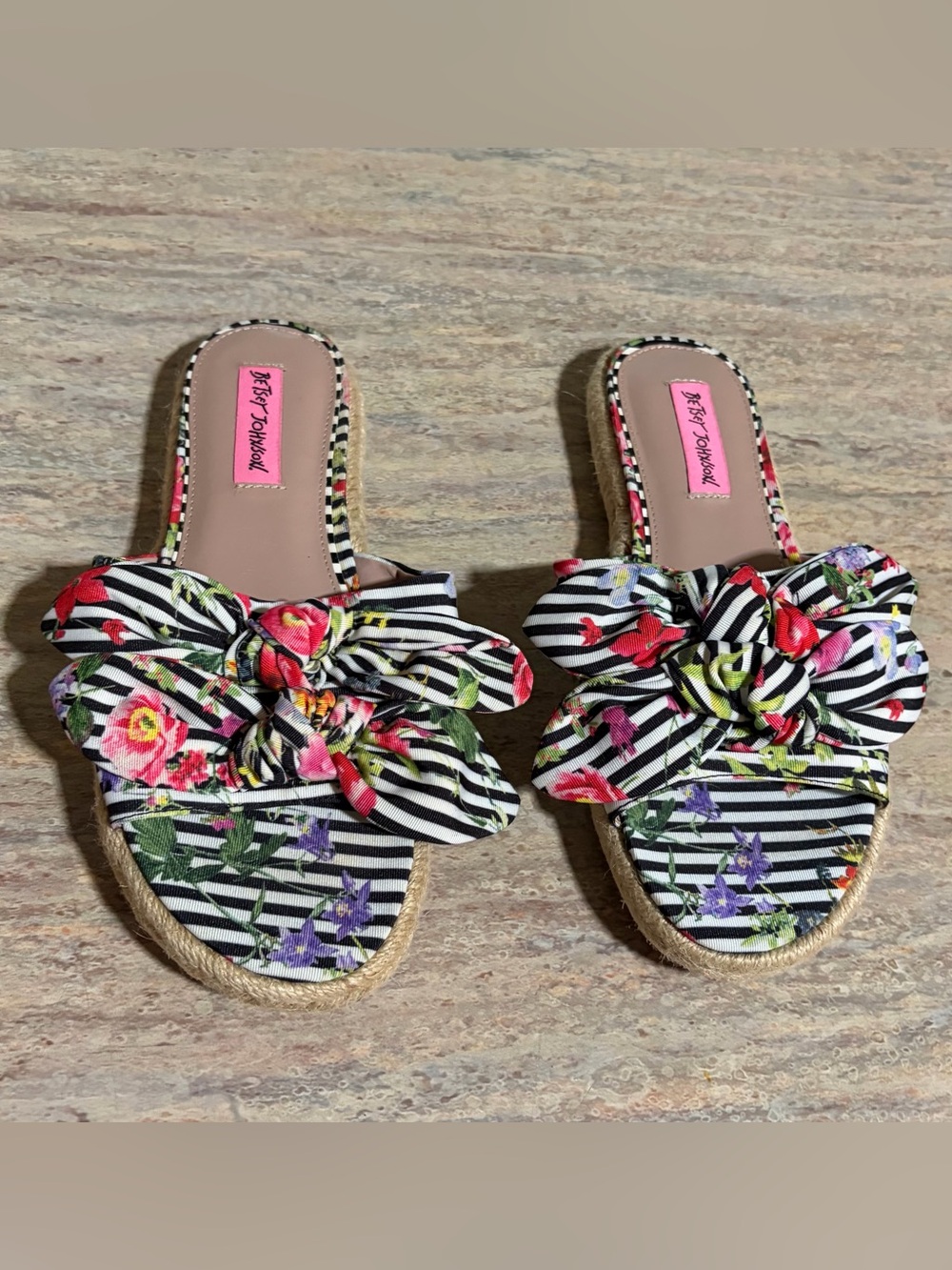 Betsey Johnson RUE Black & White Striped Floral Multicolored Slide Sandals -